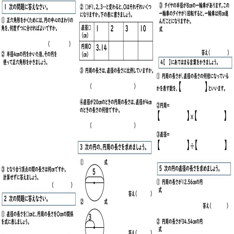 小学校5年生算数 円周と円周率の模擬テスト１ らいおんの鉢 Note