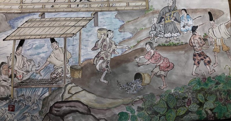 【絵】黒田荘の川で鮎を取る供御人