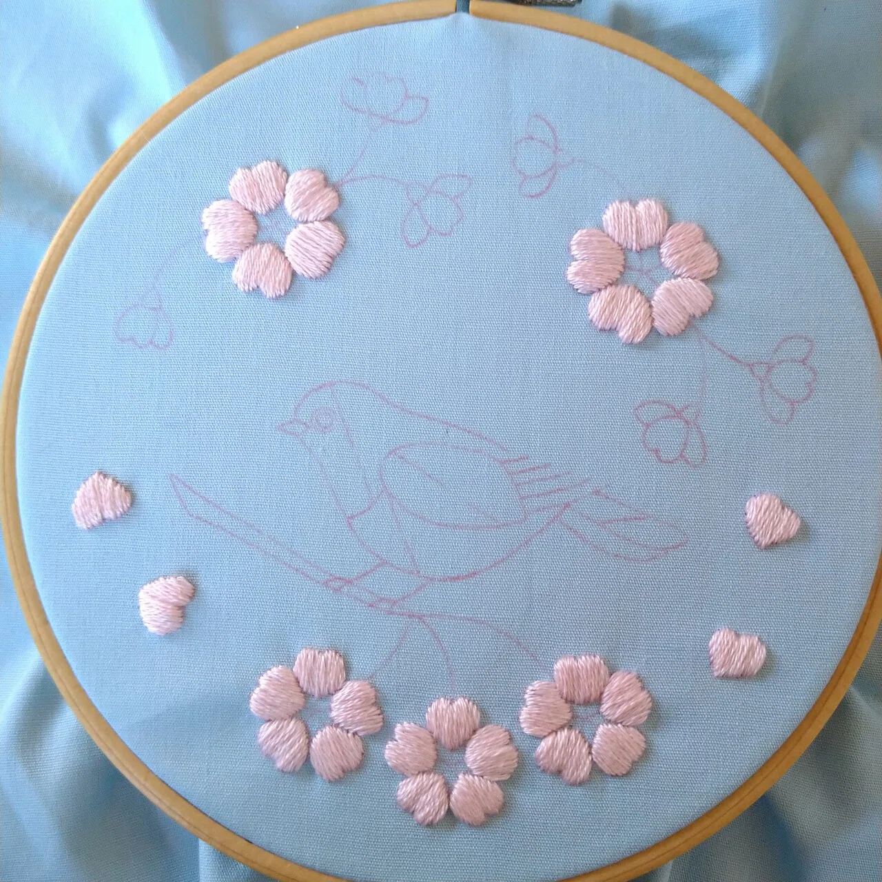 桜の花とメジロの刺繍枠キットを作ろう* ステップ3 〜桜の花の刺繍1