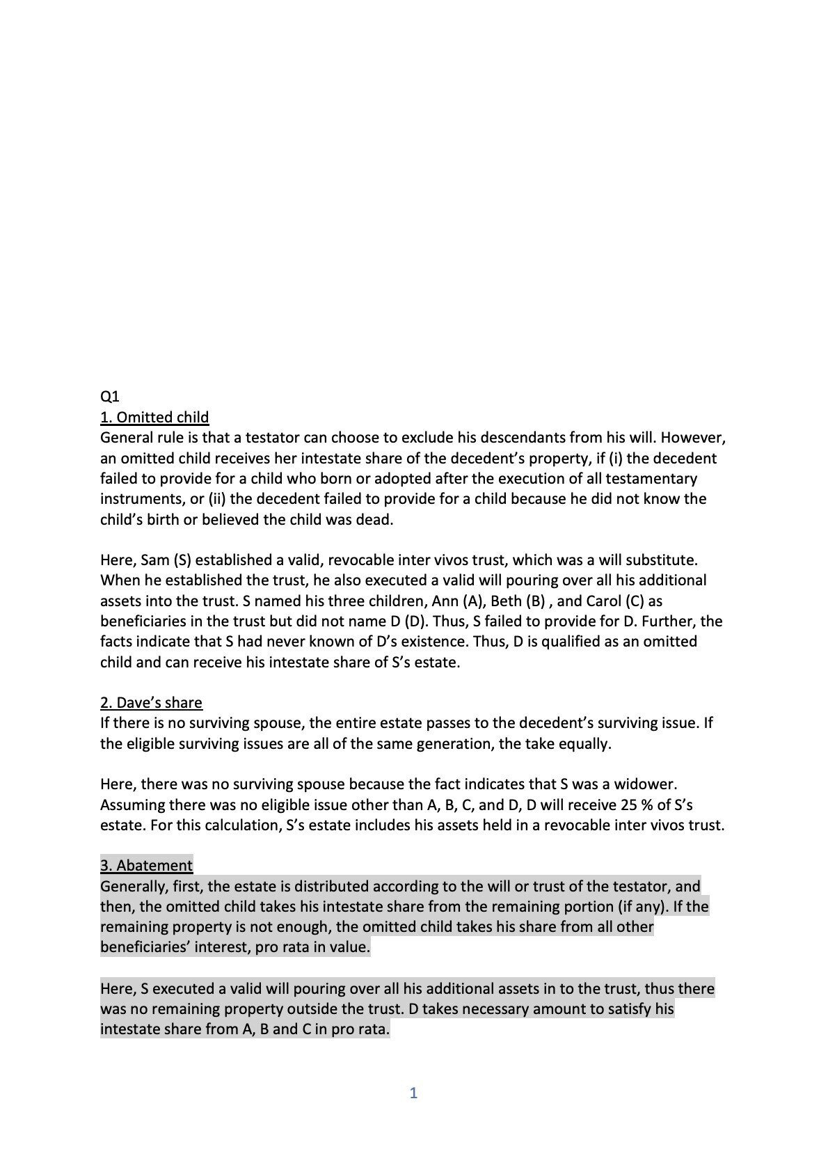 CA Bar Exam 練習答案 Wills and Trusts (Feb 2012)｜うに弁護士