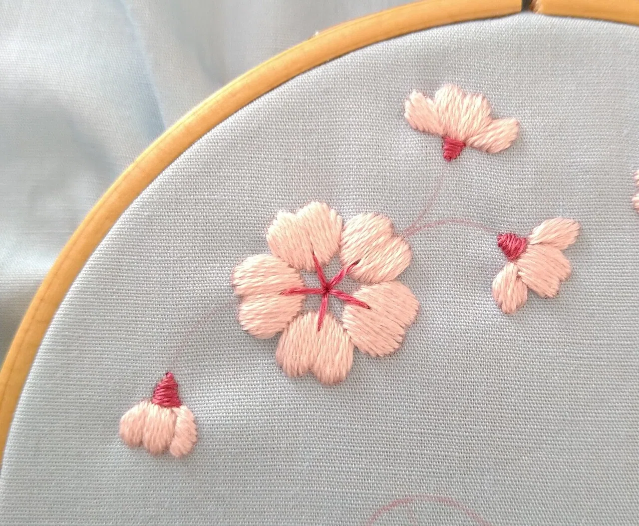 桜の花とメジロの刺繍枠キットを作ろう* ステップ5 〜桜の花の刺繍3