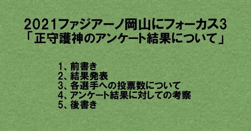 21ファジアーノ岡山にフォーカス3 正守護神のアンケート結果について 杉野 雅昭 Masaaki Sugino Note 21ファジアーノ岡山にフォーカス3 正守護神のアンケート結果について 杉野 雅昭 Masaaki Sugino Note