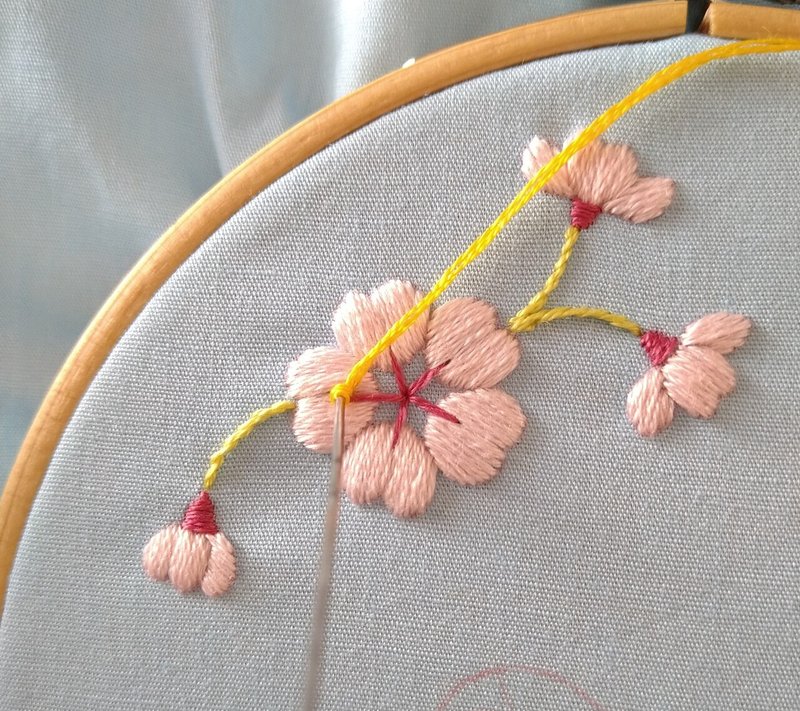 桜の花とメジロの刺繍枠キットを作ろう ステップ6 桜の花の刺繍4 Apostrophe S 刺繍雑貨作家 Note
