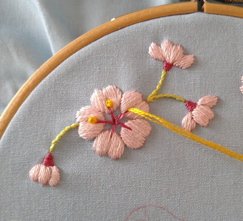 桜の花とメジロの刺繍枠キットを作ろう ステップ6 桜の花の刺繍4 Apostrophe S 刺繍雑貨作家 Note
