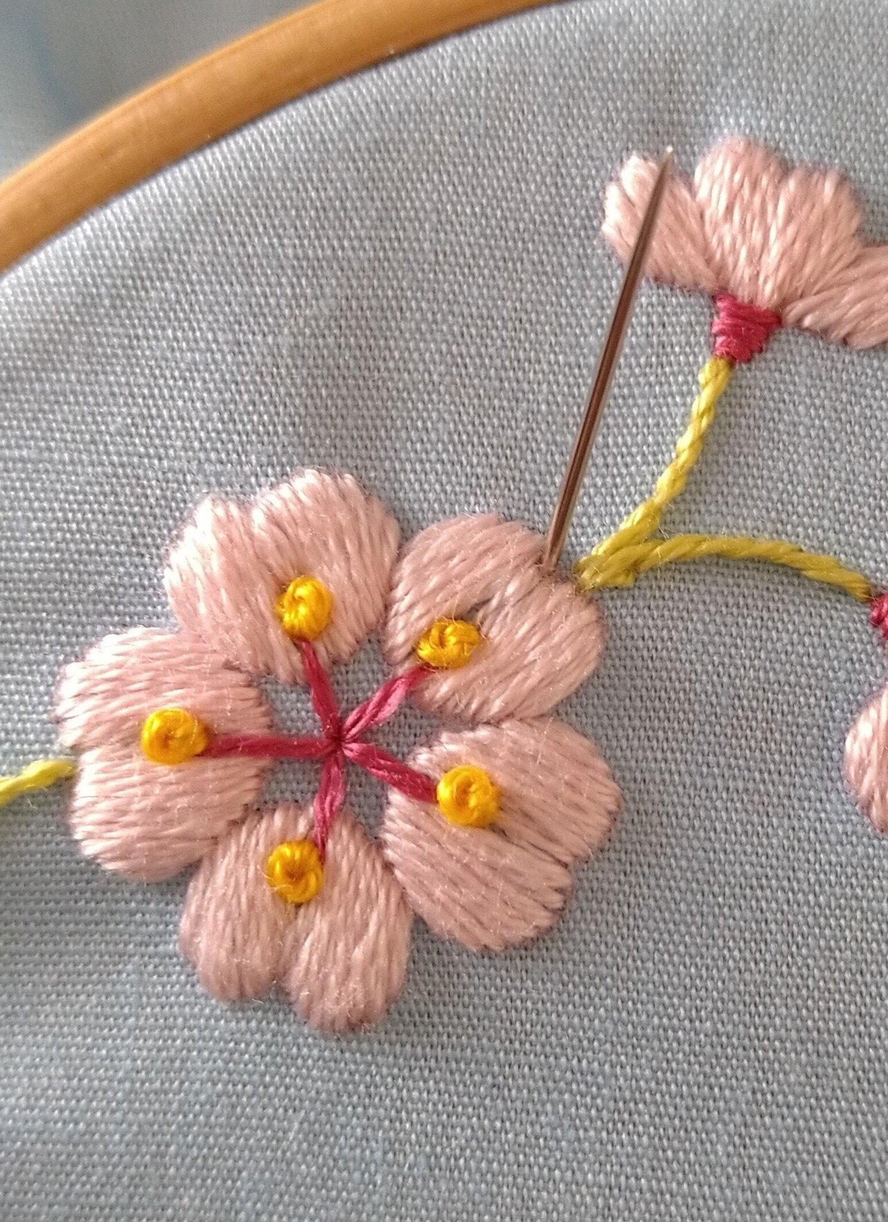 桜の花とメジロの刺繍枠キットを作ろう* ステップ6 〜桜の花の刺繍4