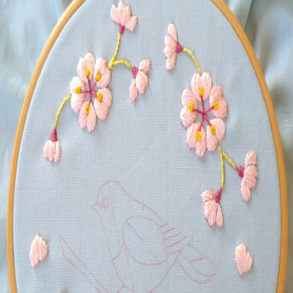 桜の花とメジロの刺繍枠キットを作ろう* ステップ6 〜桜の花の刺繍4 