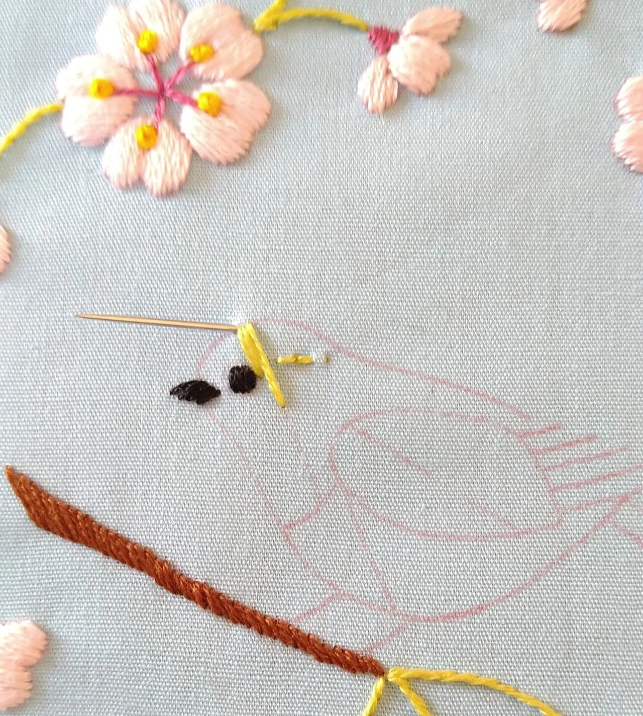 桜の花とメジロの刺繍枠キットを作ろう* ステップ9 〜メジロの顔を刺繍