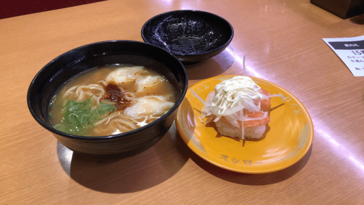 3/2 スシロー　濃厚エビ味噌ワンタン麺、オニオンサーモン