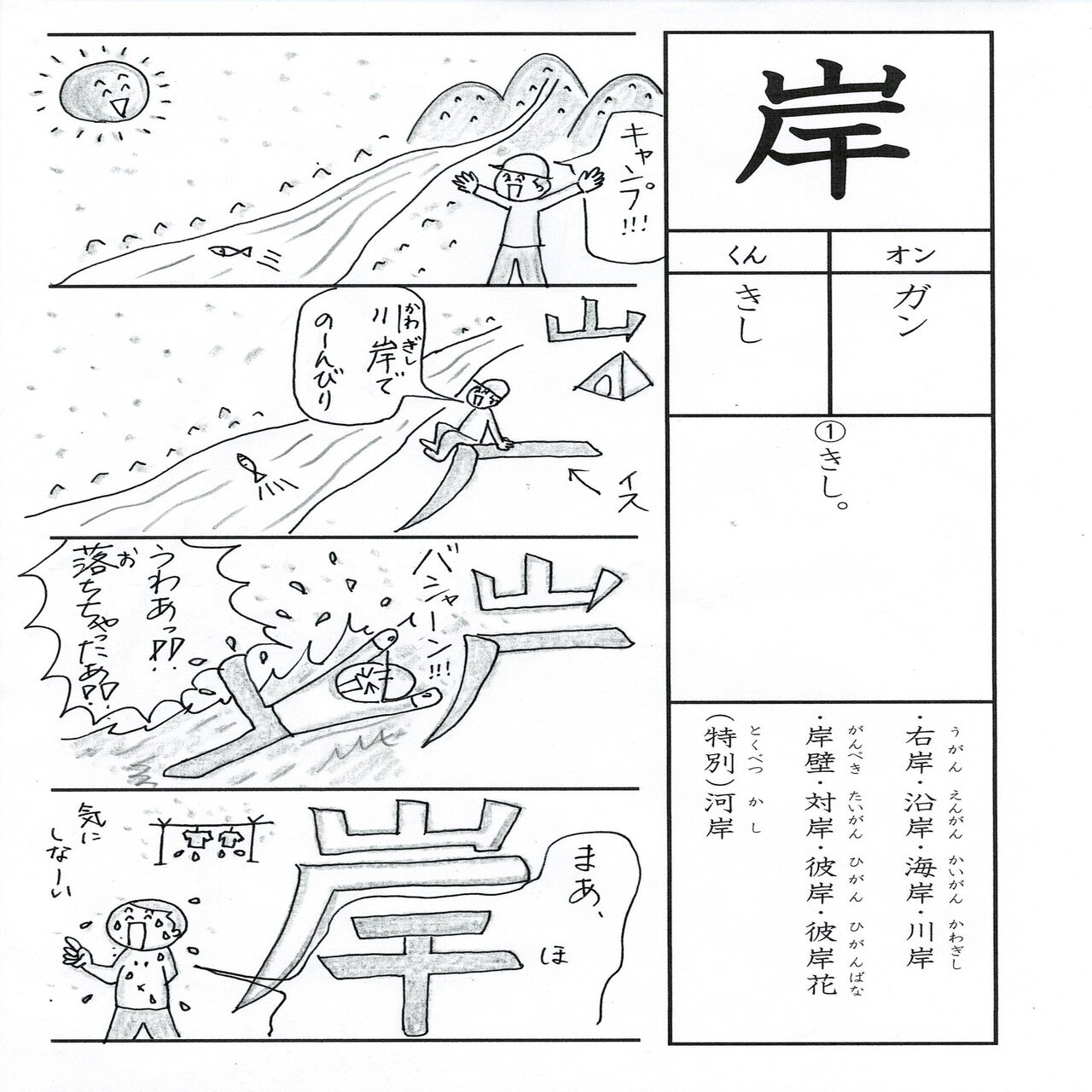 漢字四コマ漫画 小３の漢字 岸 はこうやって覚えようの巻 Sun Sunny D01 Note