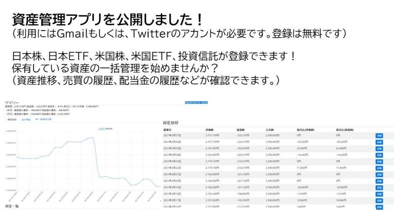 個人投資家向けに資産管理アプリを作ったので自慢させてください。（取説）｜資産管理（愛称募集中）
