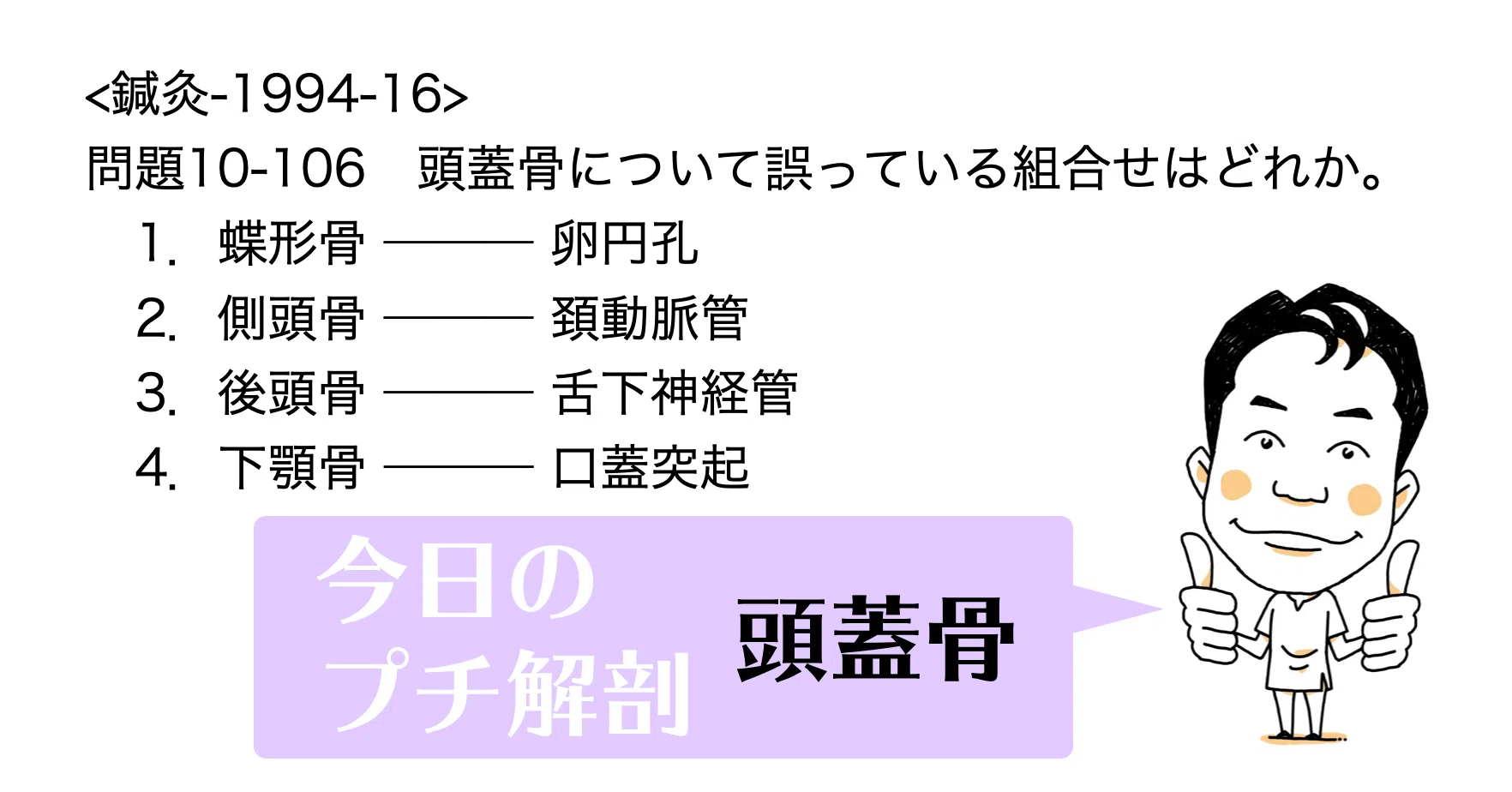今日のプチ解剖：頭蓋骨について誤っている組合せは？｜かずひろ先生