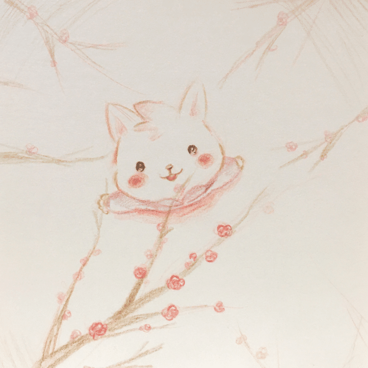 外をみまわすと桃や梅が咲いていて綺麗ですね。　#猫　#色鉛筆　#イラスト　#アート　#手描き