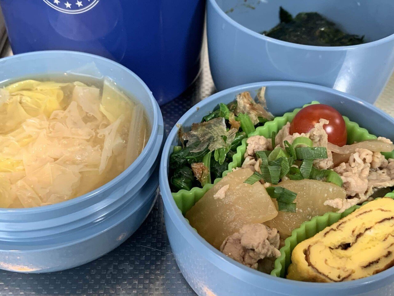 息子のお弁当 豚肉と大根の炒め煮 お味噌汁 ゆば 白菜 長ネギ 磯辺焼き 明日から春休み お弁当作り頑張った母 それを毎回完食した息子 偉い パチパチ ｎ子 Note