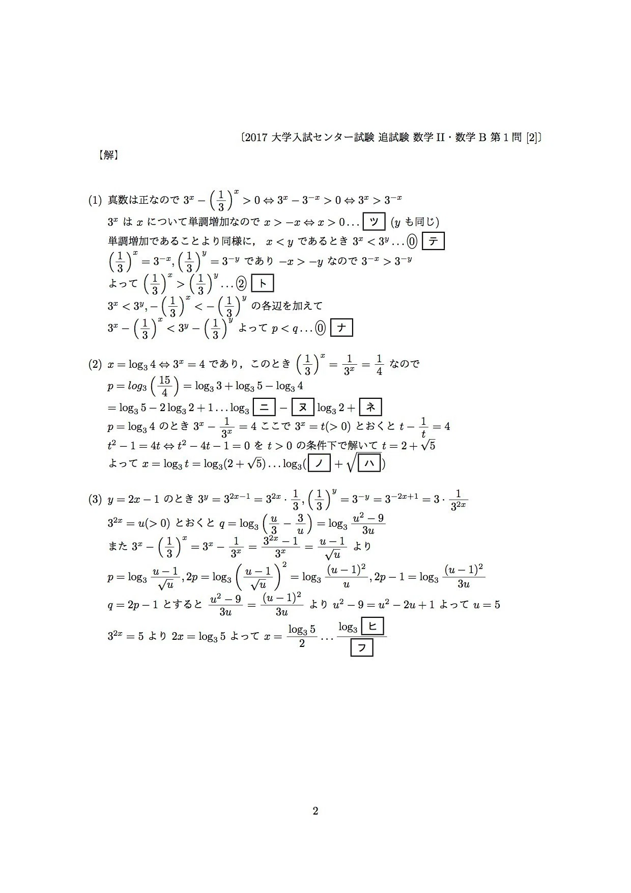 2017年大学入試センター試験・追試験・数学II、数学IIBの解答です。IIB