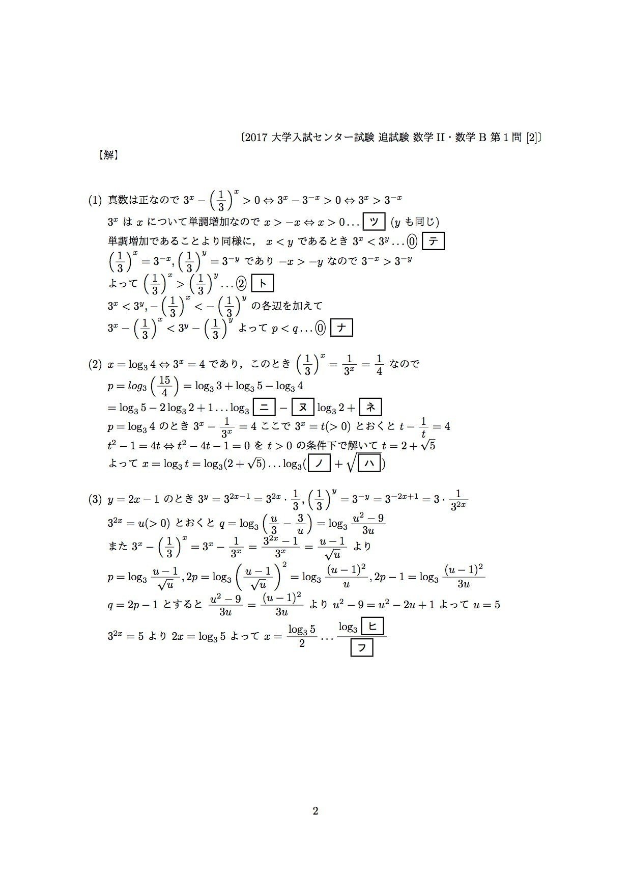 2017年大学入試センター試験・追試験・数学II、数学IIBの解答です。IIB