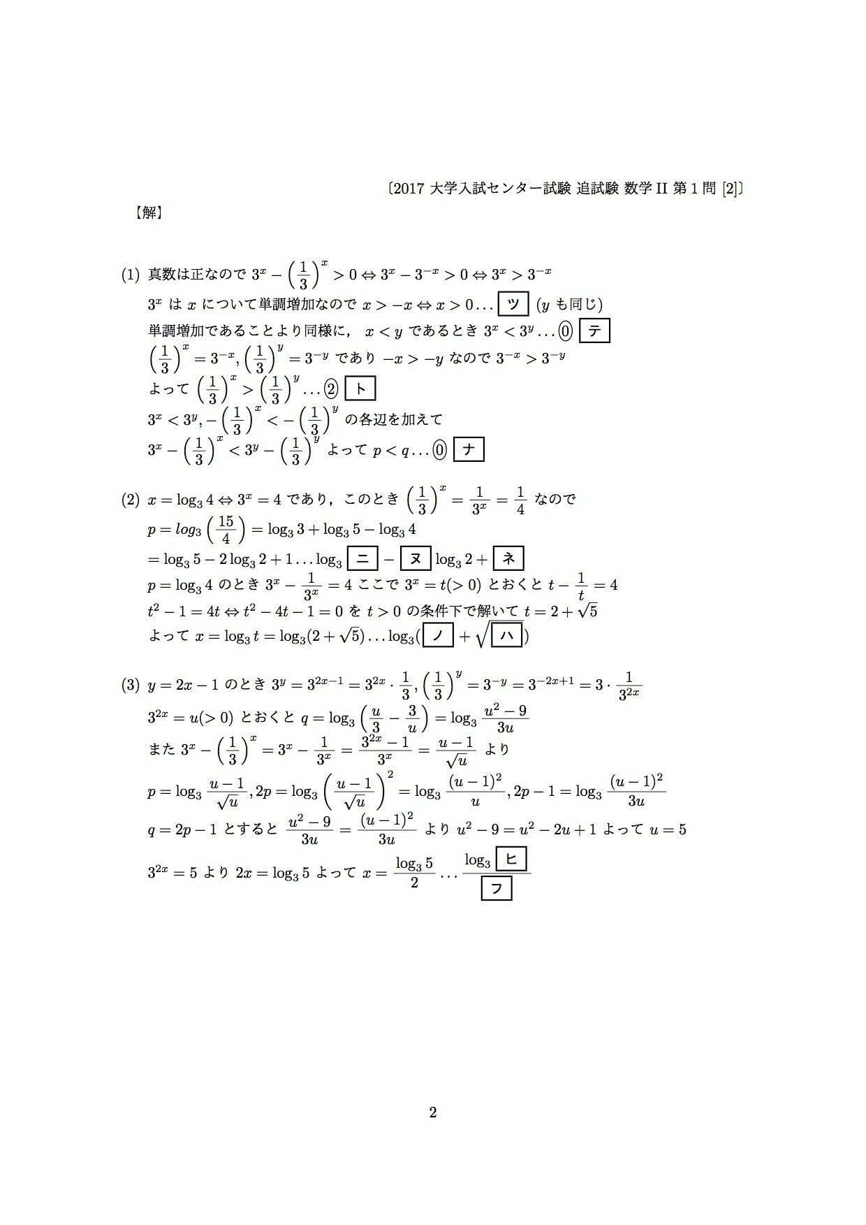 2017年大学入試センター試験・追試験・数学II、数学IIBの解答です。IIB