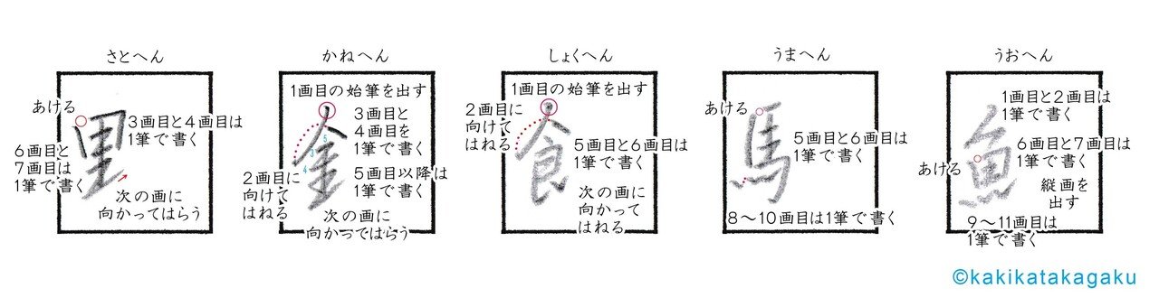 その９０ 漢字の へん を美しく書く 行書編 ８ 里 金 飠 馬 魚 かきかた科学 Note