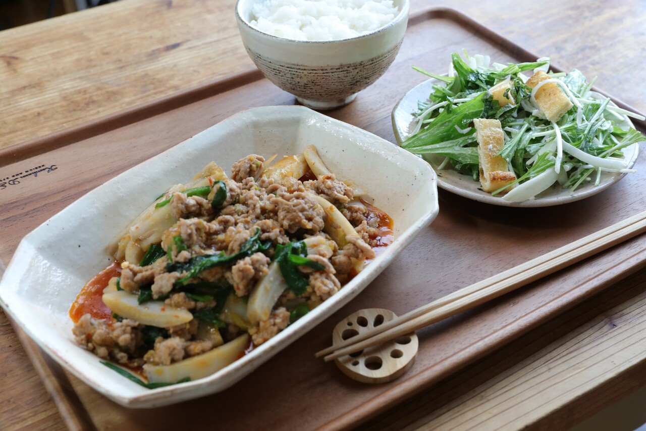 3日間献立 2 麻婆れんこんと水菜しらすコールスローの献立 2日目編 ぐっち夫婦 料理家 Note