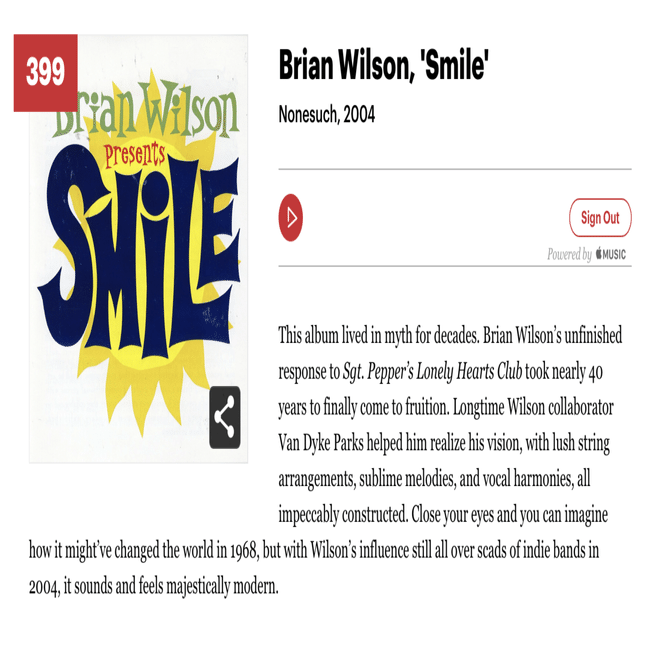 399位：Brian Wilson 『Smile』(2004)｜ローリングストーン誌が選ぶ