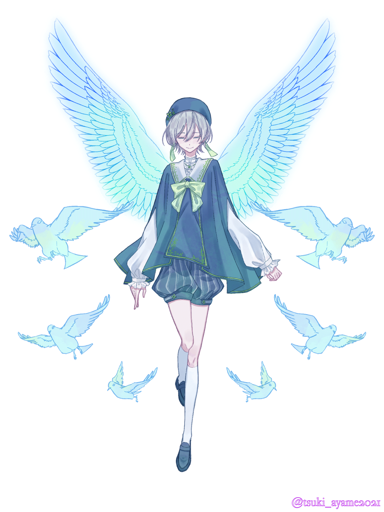 青い鳥の擬人化立ち絵はこんな感じです 羽部分はあえて彩度と明度を明るくすることで煌びやかさと幻感を出しました 所々に幸せの象徴 とされる四つ葉のクローバーを施しました つき彩姫 Note