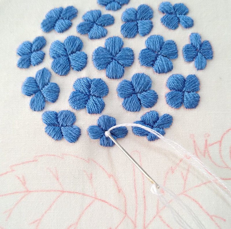 アジサイの刺繍枠キットを作ろう ステップ4 アジサイの花の刺繍3 Apostrophe S 刺繍雑貨作家 Note