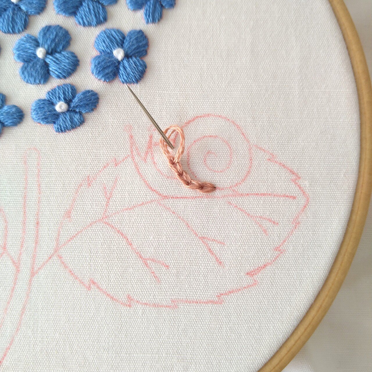 アジサイの刺繍枠キットを作ろう* ステップ5 〜カタツムリの刺繍