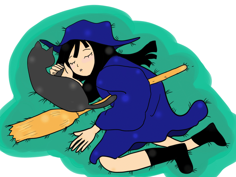 飛びつかれて眠る魔女と黒猫
