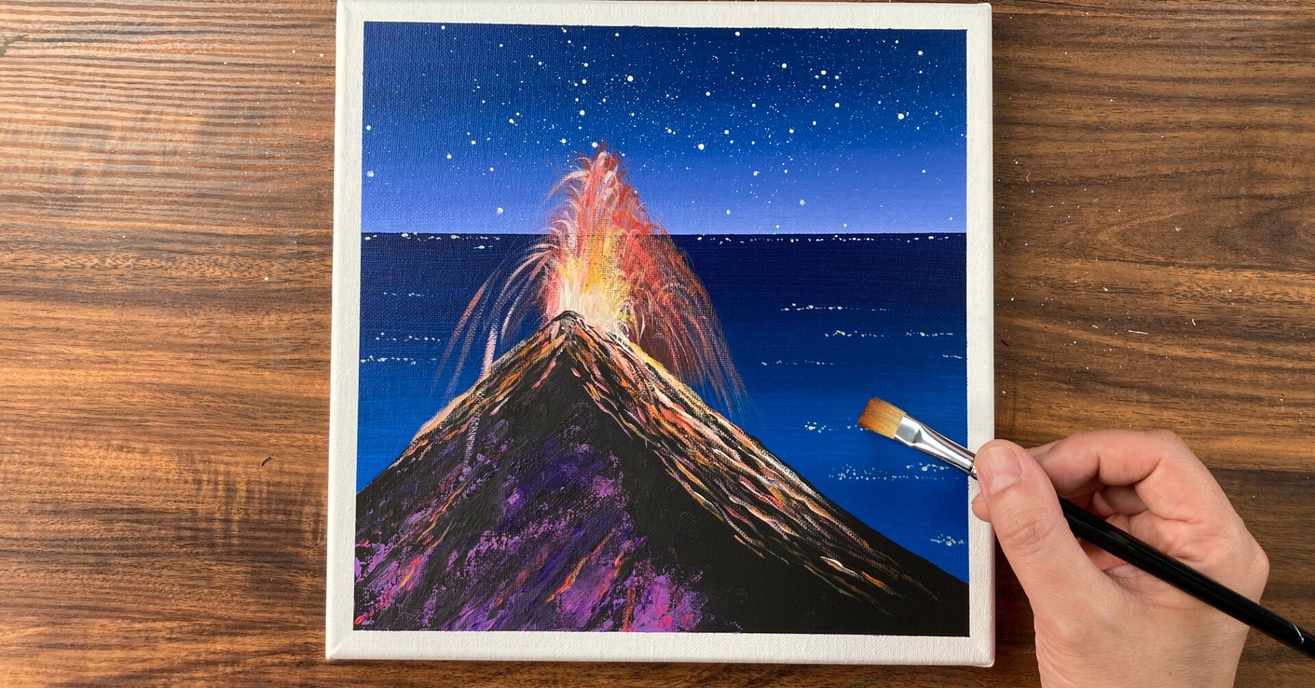 アクリル絵の具で 火山の噴火 を描く Junya Art Note