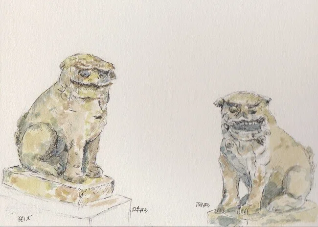 神社の神木と狛犬を描きました｜水彩スケッチ帖