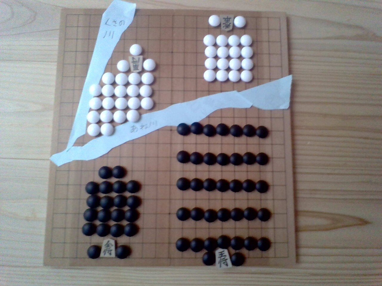 家で姉川の戦いを囲碁で作りました 黒が織田 徳川連合軍で 白が浅井 朝倉連合軍です 右が織田軍と浅井軍で 左が徳川軍と朝倉軍です 織田信長の１３段 の構えは入り切らないので ５段構えになってます 景虎号 Note
