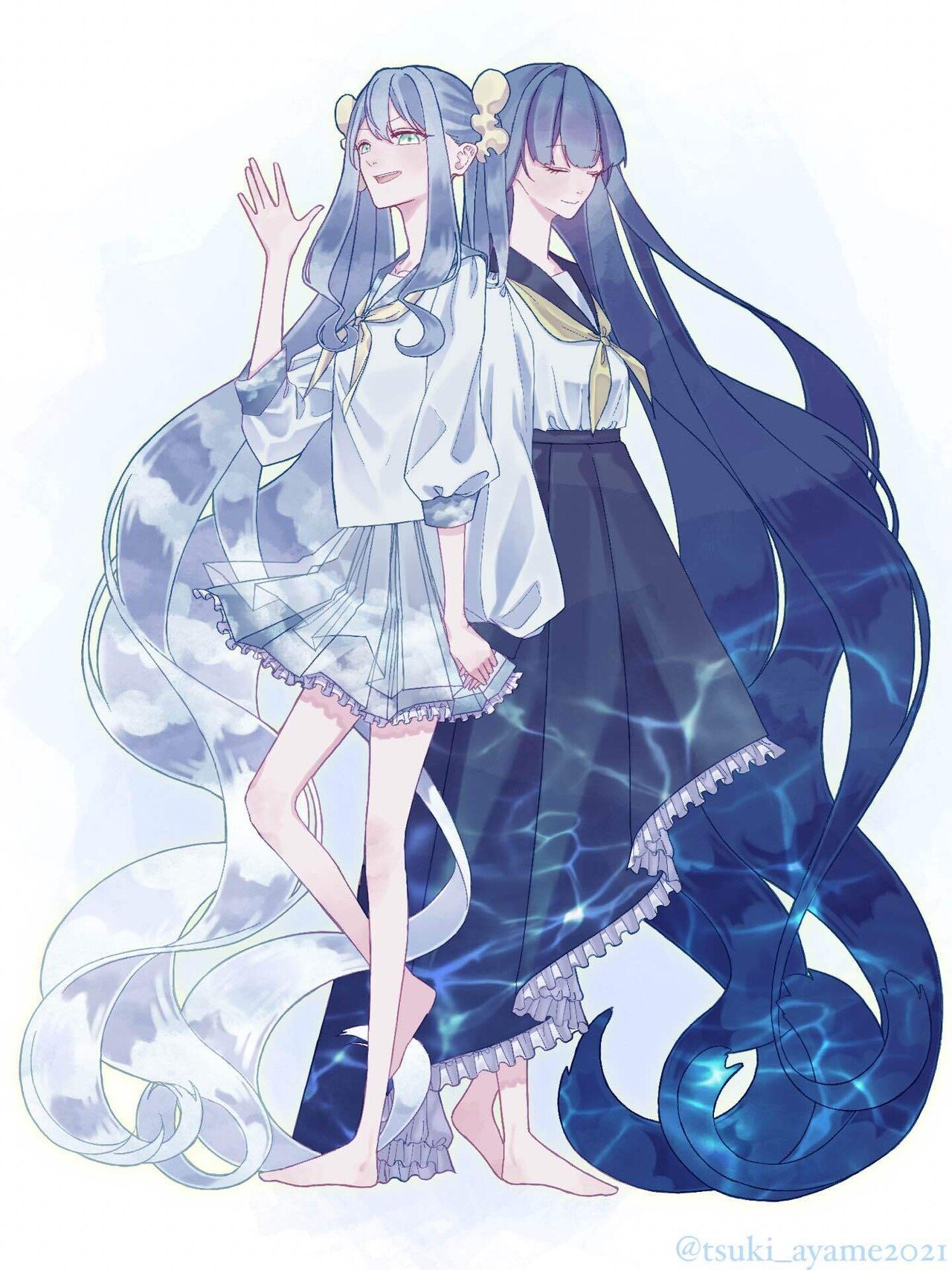 双子の空ちゃんと海ちゃんの立ち絵です どこまでも続く空と海 を意識して超ロングヘアーにしてみました 空ちゃんは気分屋で精神年齢が低いのに対して 海ちゃんの精神年齢は高くとても大人びています つき彩姫 Note