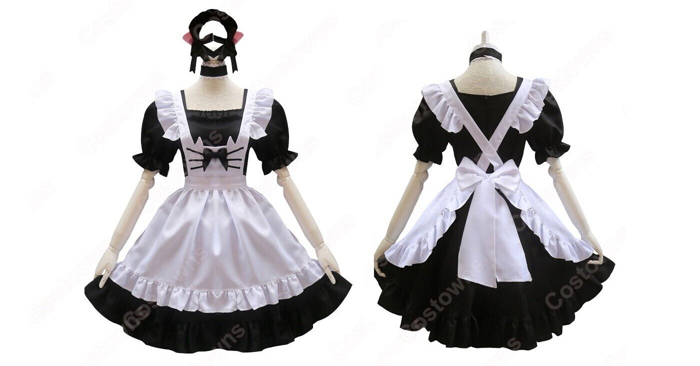 可愛い猫耳メイドな定番型メイド服 4点セット 半袖 ワンピース メイド