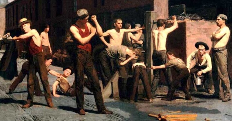 （写真からの絵画）鉄工労働者の昼休み- トマス・アンシュッツ