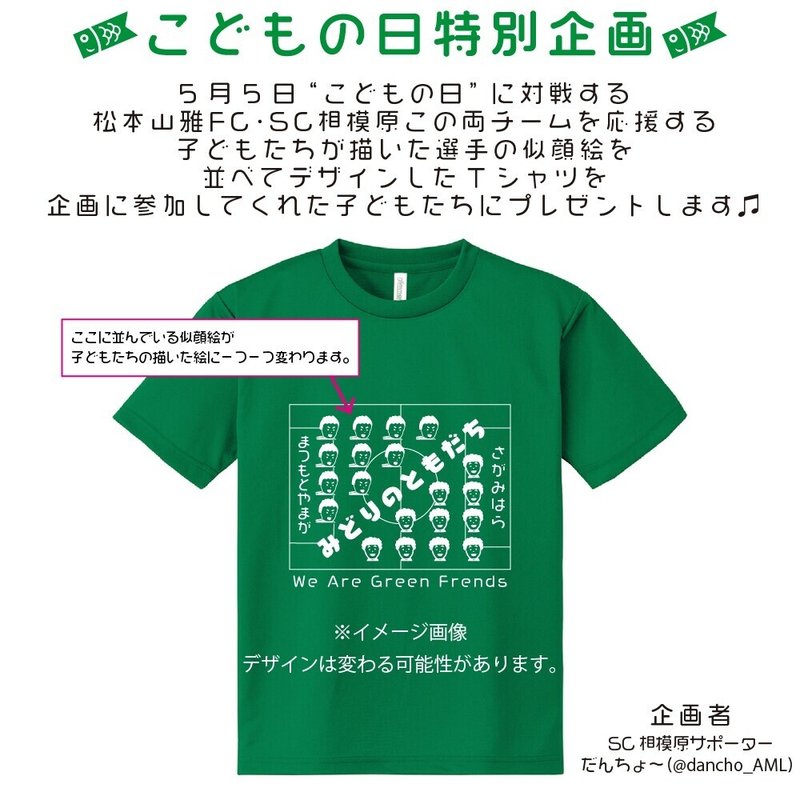 〆切4 30 子どもたちが描いた似顔絵を集めてつくる限定tシャツを子どもたちにプレゼント だんちょ Jリーグをものづくり体験で盛り上げるサポーター Note