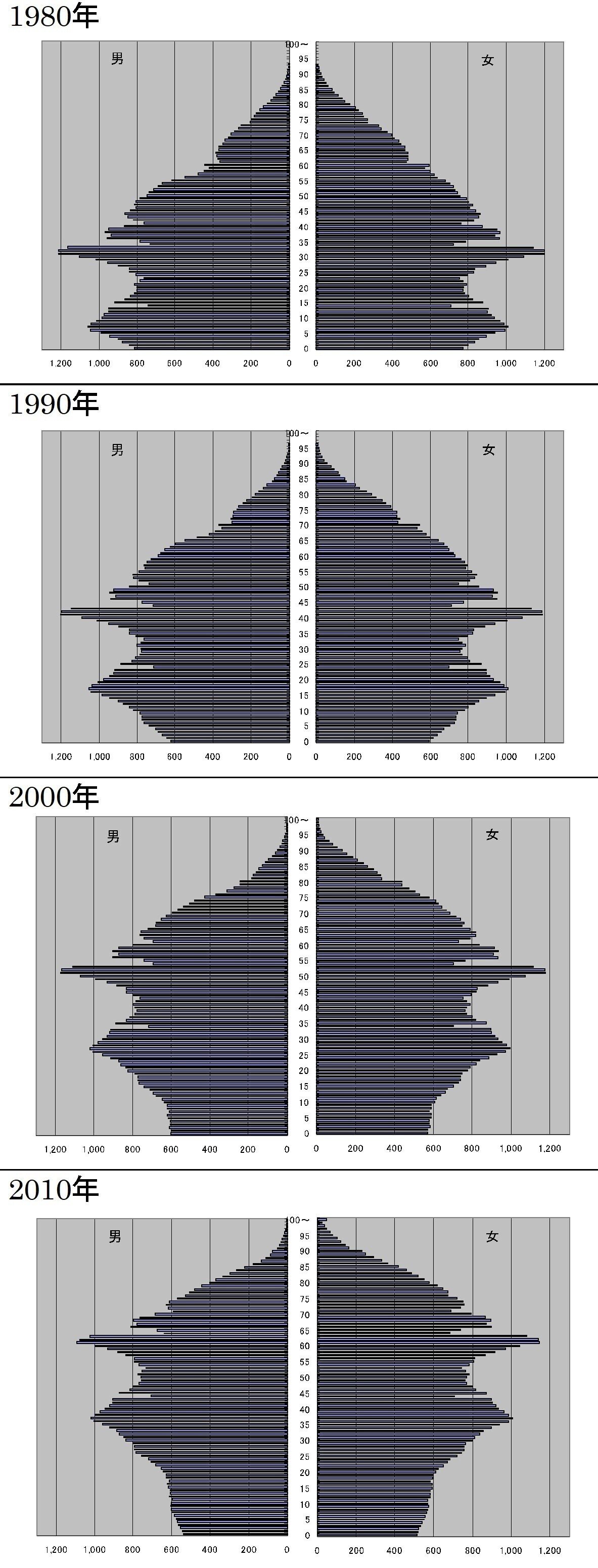 人口ピラミッド1980-2010