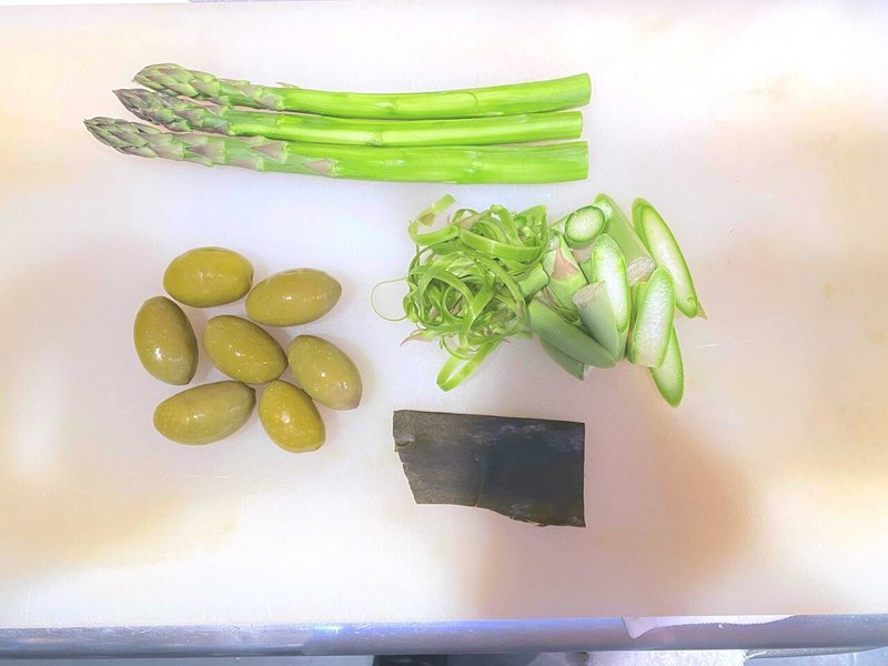 レシピ アスパラとグリーンオリーブの炊き込みご飯 Namida Works Note