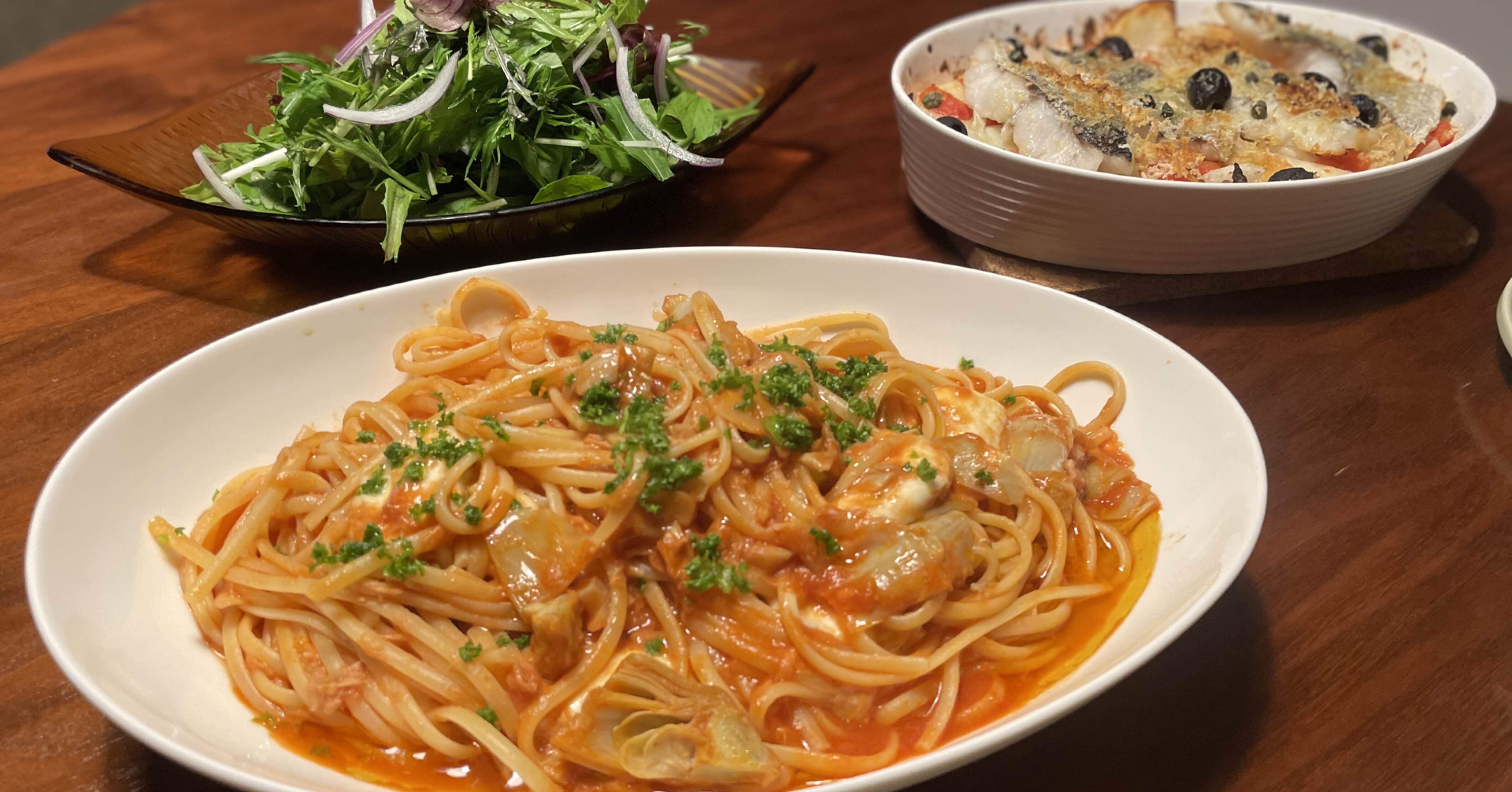 とにかくqolを向上したい人のアーティチョークとモッツァレラのパスタと タラのシチリア風 とにかく食でqolを向上したい人のブログ Note