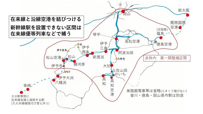 四国新幹線ルート案の全体図