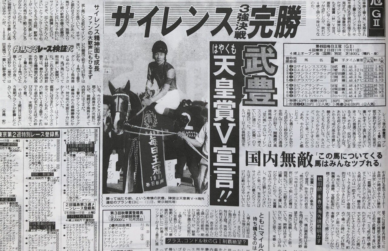 【他場的中】単勝馬券 1998年 毎日王冠 サイレンススズカ 最後の勝利！武豊