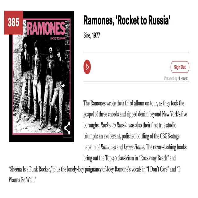 385位：Ramones 『Rocket to Russia』(1977)｜ローリングストーン誌が 