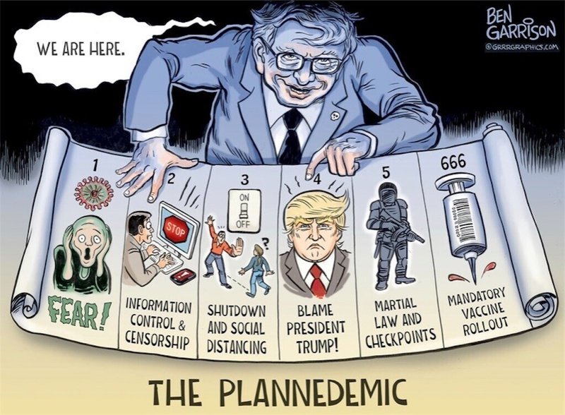 ビルゲイツの風刺画：We are here。。。The plannedemic
