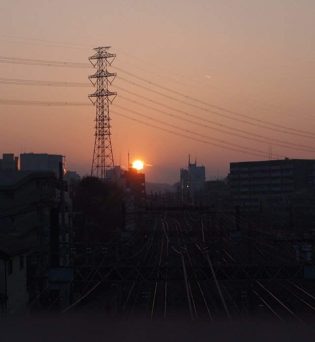 夕日鉄塔シリーズ。東京西線14号。2014年2月撮影。
