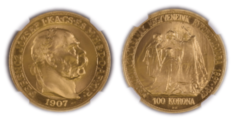 愛妻家として知られ、人気ある歴史上の人物のコイン！「ハンガリー　フランツ＝ヨーゼフ1世戴冠40周年記念　100コロナ金貨①」