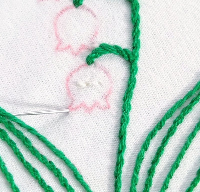 すずらんの花の刺繍ハンカチキットを作ろう ステップ4 すずらんの花の刺繍 Apostrophe S 刺繍雑貨作家 Note