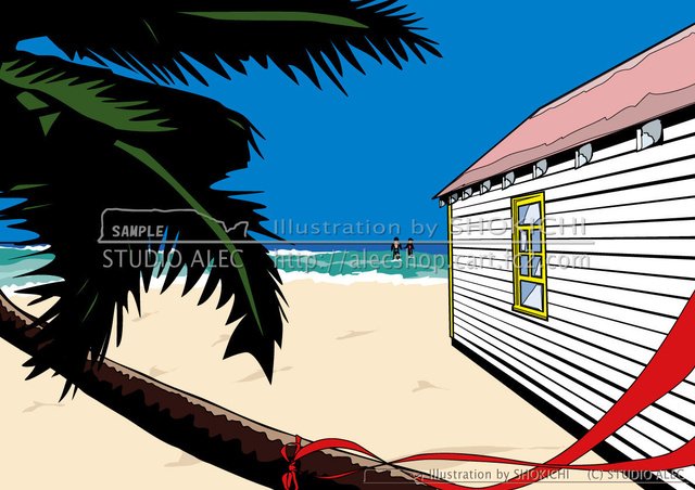 『常夏の思い出は　秘密のエメラルドブルー色…』　このイラストのポスターは「スタジオアレック ネットショップ」で販売しています→http://alecshop.cart.fc2.com/