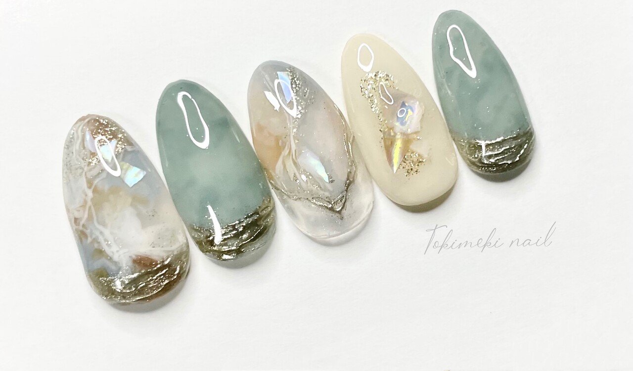 セリアで買えるジェルとシェルパーツを使って 奥行きのあるシェルがキラリ くすみターコイズネイル Lueir Nail ルワネイル Enmi えんみ Note セリアで買えるジェルとシェルパーツを使って 奥行きのあるシェルがキラリ くすみターコイズネイル Lueir Nail ルワネイル Enmi えんみ Note