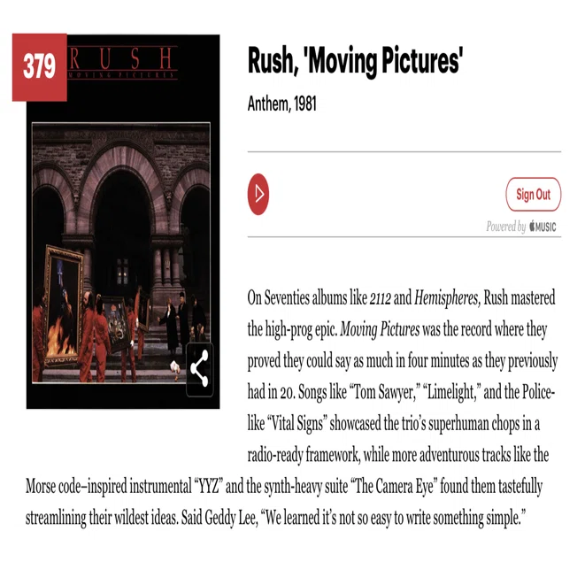 379位：Rush 『Moving Pictures』(1981)｜ローリングストーン誌が選ぶ 
