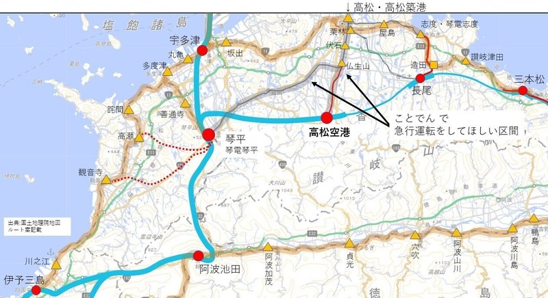 四国新幹線ルート案路線図高松付近