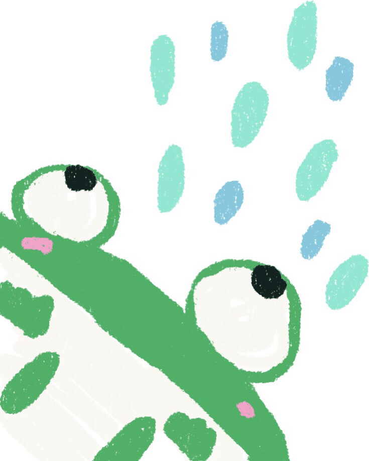 最近幼稚人格のちぃちゃんが描いたカエルイラスト！今日は雨とカエルを描いてました。足つきです。可愛くて気に入ってプロフ画像に使いました！