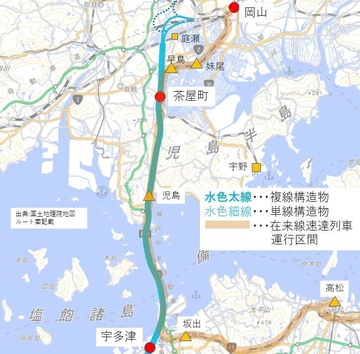 四国新幹線ルート案路線図で岡山から香川県入り口まで